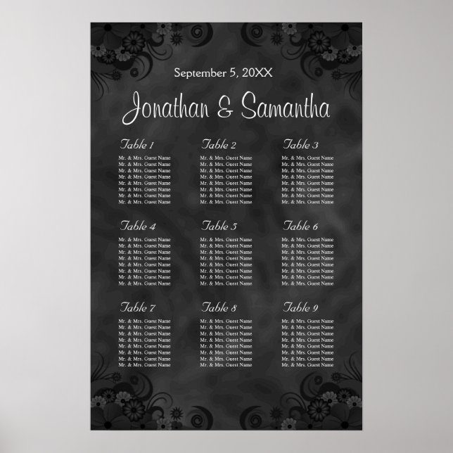 Hibiscus Black 9 Tables Wedding Seating Chart (Front)