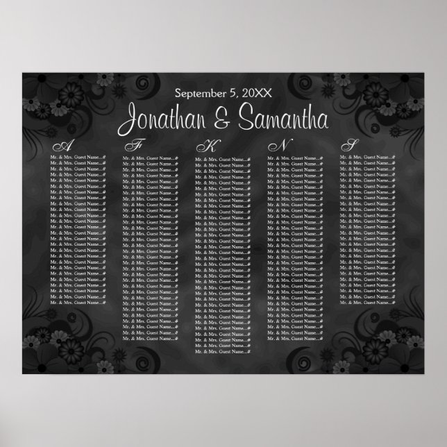 Hibiscus Black Floral Wedding Table Seating Charts (Front)