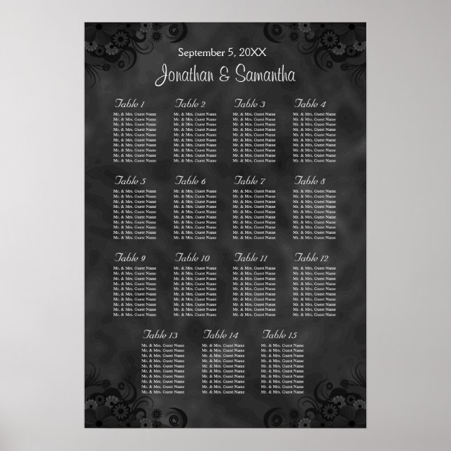 Hibiscus Black Wedding 15 Tables Seating Chart (Front)