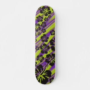 hibiscus blooms in black green violet waves skateboard