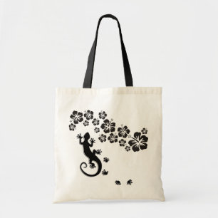 hibiscus blooms in black with Gecko Tote Bag