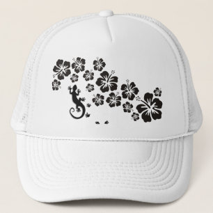 hibiscus blooms in black with Gecko Trucker Hat