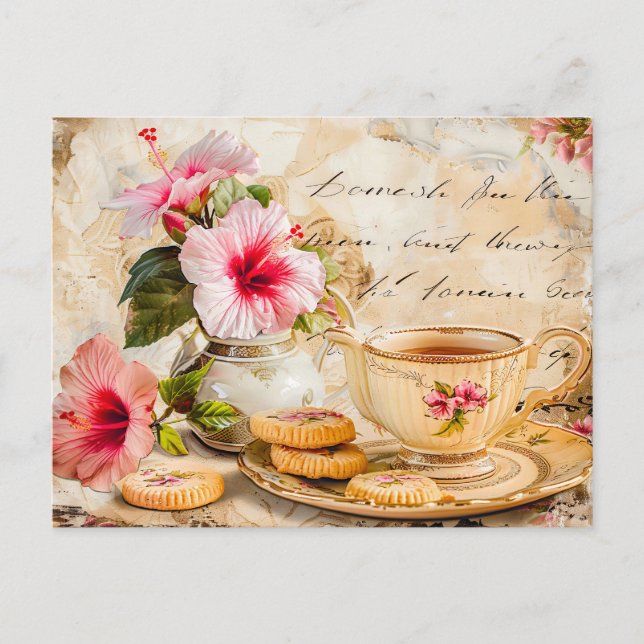 Hibiscus Blossoms with Fantasy Script and Tea Cup Postcard (Front)