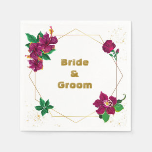 hibiscus burgundy flowers green leaves wedding napkin