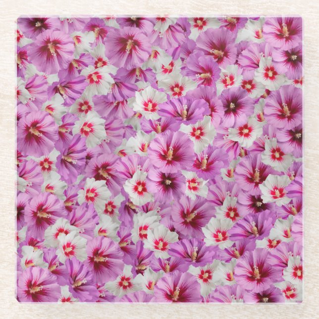 Hibiscus - Chinese Rose Flower Pattern Glass Coaster (Front)