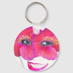 Hibiscus Face with Smile - Pink Key Ring