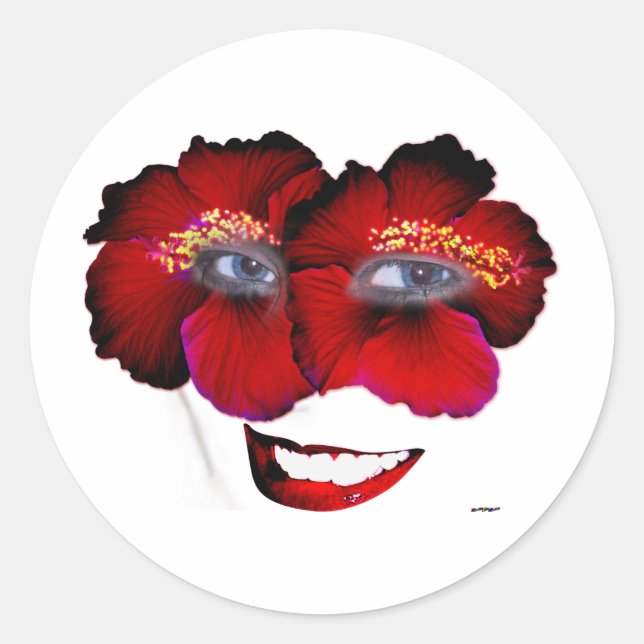 Hibiscus Face with Smile - Red & Black Classic Round Sticker (Front)