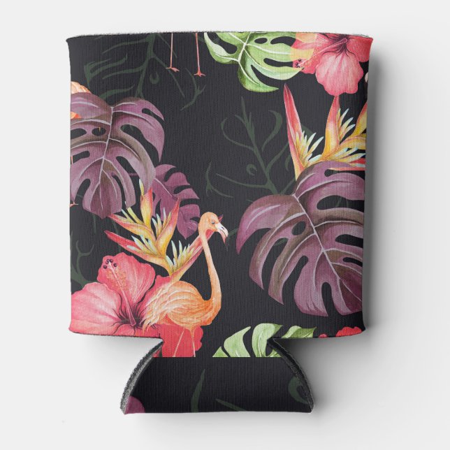 Hibiscus, Flamingos, Watercolor Tropical Pattern. Can Cooler (Front)