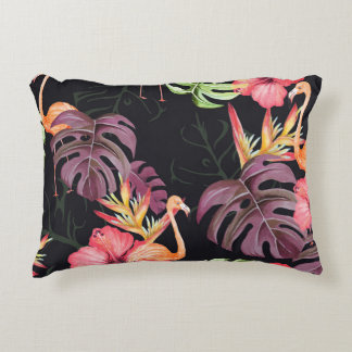 Hibiscus, Flamingos, Watercolor Tropical Pattern. Decorative Cushion