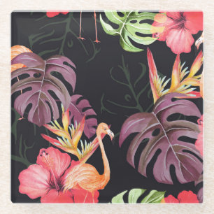 Hibiscus, Flamingos, Watercolor Tropical Pattern. Glass Coaster