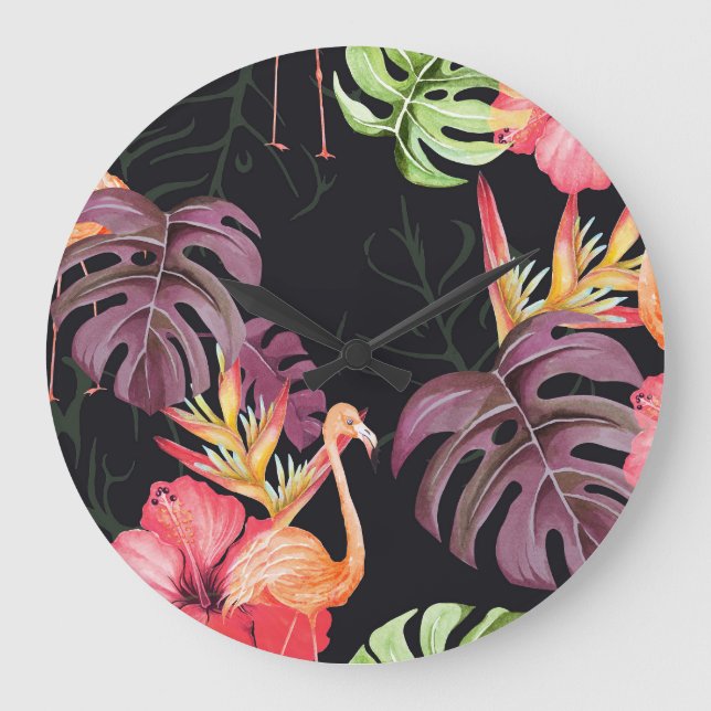Hibiscus, Flamingos, Watercolor Tropical Pattern. Large Clock (Front)