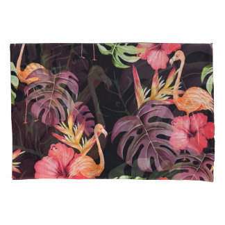 Hibiscus, Flamingos, Watercolor Tropical Pattern. Pillowcase