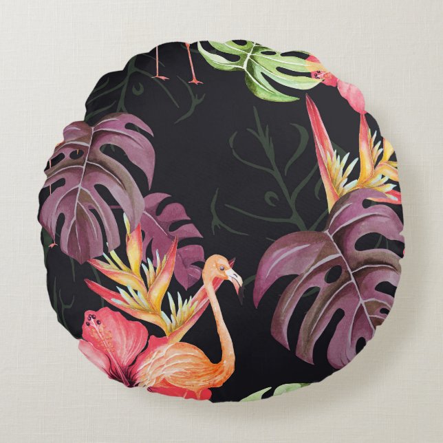 Hibiscus, Flamingos, Watercolor Tropical Pattern. Round Cushion (Front)
