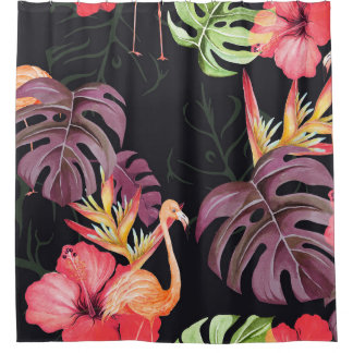 Hibiscus, Flamingos, Watercolor Tropical Pattern. Shower Curtain