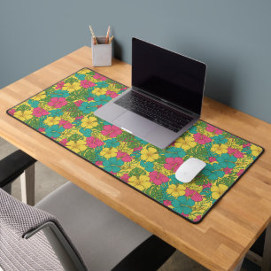 Hibiscus Floral Burst Pink Yellow Teal Desk Mat