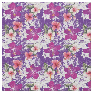 Hibiscus floral print purple pink white and green  fabric