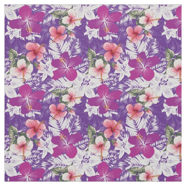 Hibiscus floral print purple pink white and green  fabric (Swatch)