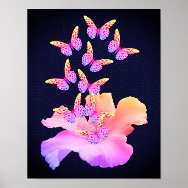 Hibiscus Flower And Colorful Butterflies On Black Poster (Front)