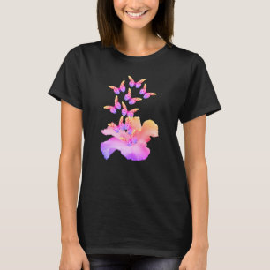 Hibiscus Flower And Colourful Butterflies Abstract T-Shirt