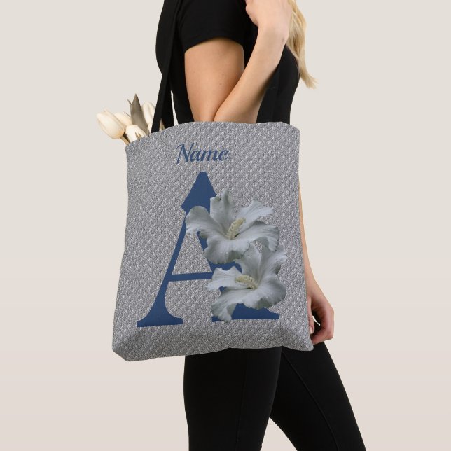 Hibiscus Flower Monogram Initial A Personalised Tote Bag (Close Up)