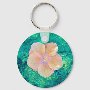 Hibiscus flower on turquoise water keychain