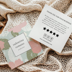 Hibiscus Flower pink white sage Review Request Square Business Card
