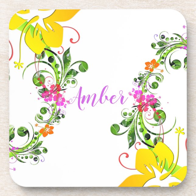 Hibiscus flower tropical summer floral coaster (Front)