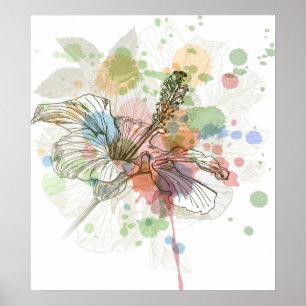 Hibiscus flower & watercolor background poster