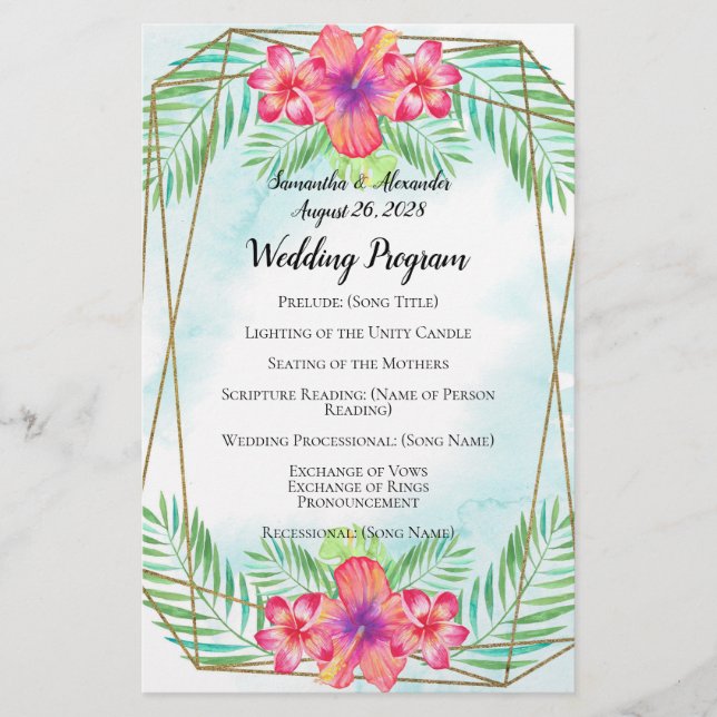 Hibiscus Flower Watercolor Beach Wedding Program (Front)