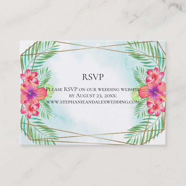 Hibiscus Flower Watercolor Beach Wedding RSVP Business Card (Front)
