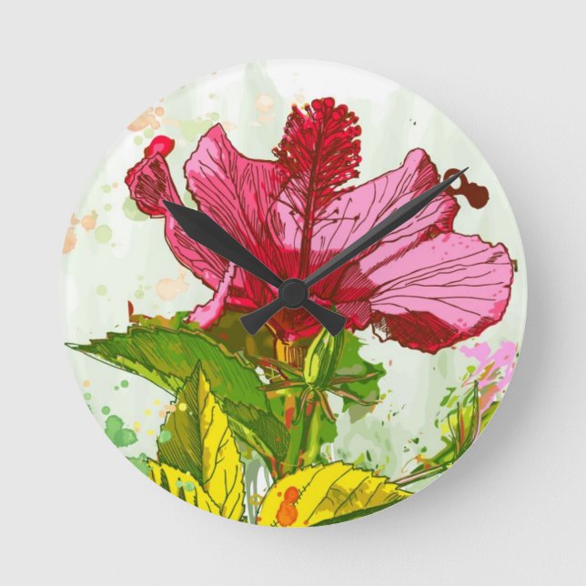 Hibiscus flower - watercolor paint round clock (Front)