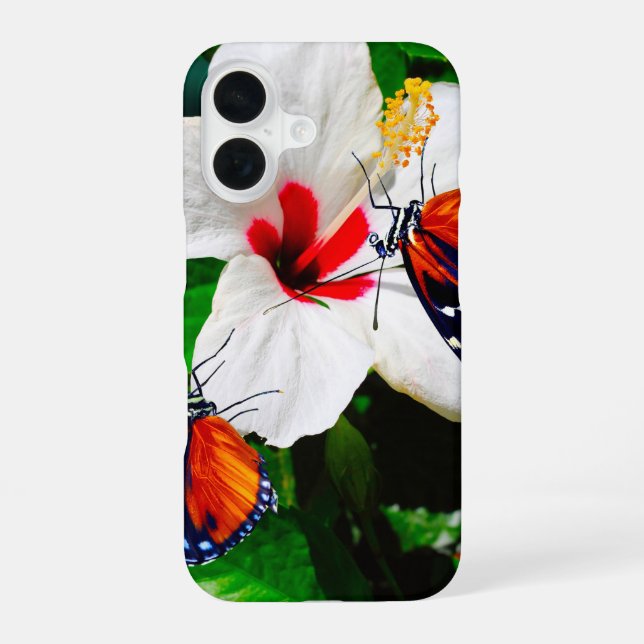 Hibiscus flower with 2 Tiger Longwing butterflies iPhone 16 Case (Back)