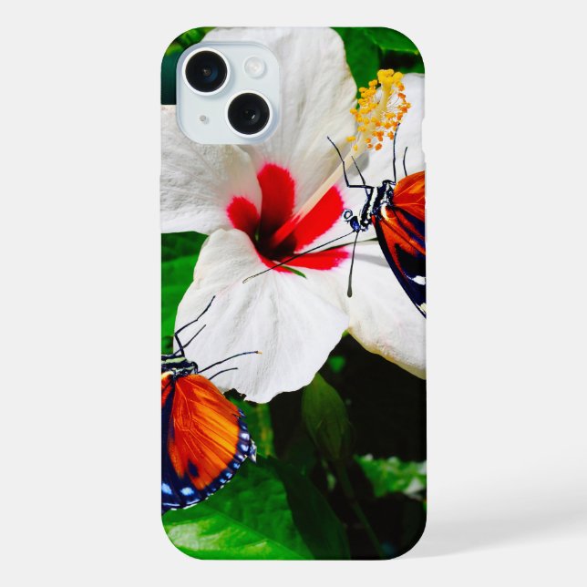 Hibiscus flower with 2 Tiger Longwing butterflies iPhone Case (Back)