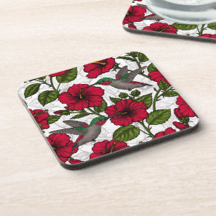 Hibiscus flowers and hummingbirds coaster