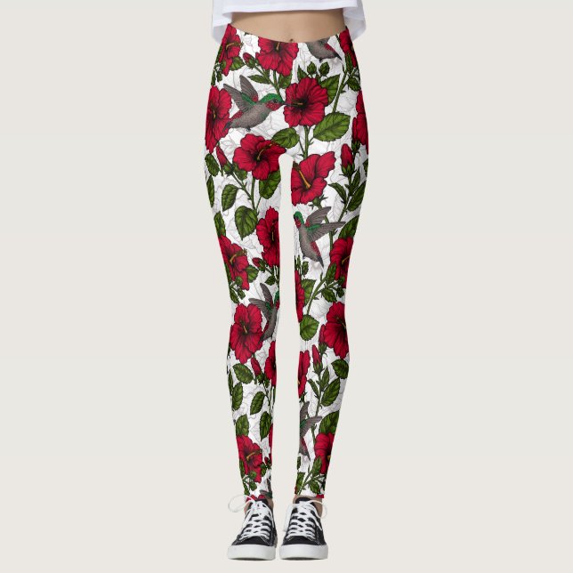 Hibiscus flowers and hummingbirds leggings (Front)
