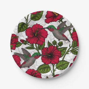 Hibiscus flowers and hummingbirds paper plate