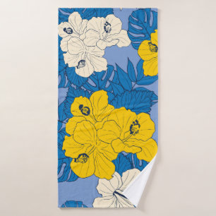 Hibiscus flowers and leaves bath towel