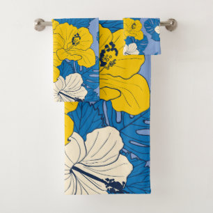 Hibiscus flowers and leaves bath towel set