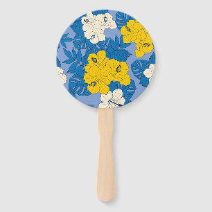 Hibiscus flowers and leaves hand fan