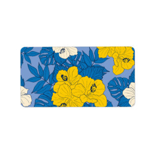 Hibiscus flowers and leaves label