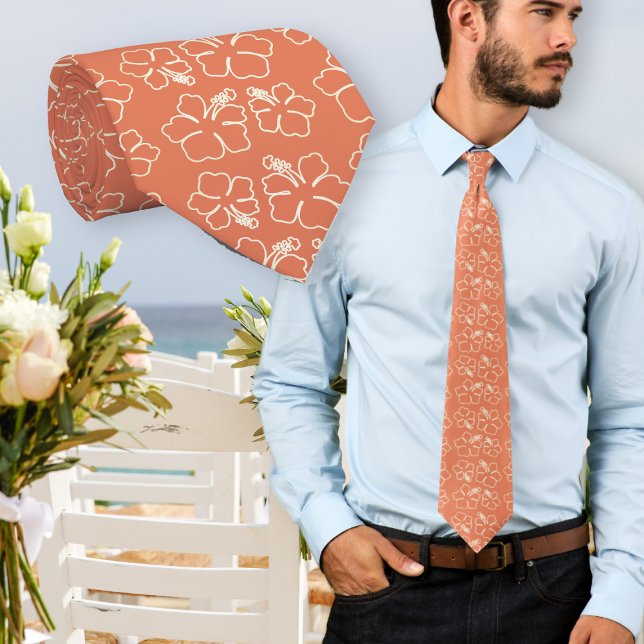Hibiscus Flowers Dark Coral Pattern Neck Tie (Creator Uploaded)