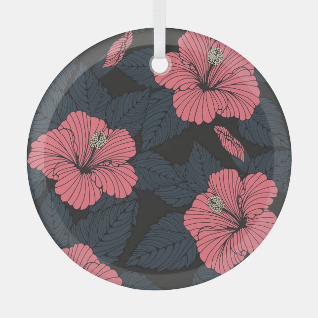 Hibiscus flowers: dark seamless wallpaper. glass tree decoration (Front)