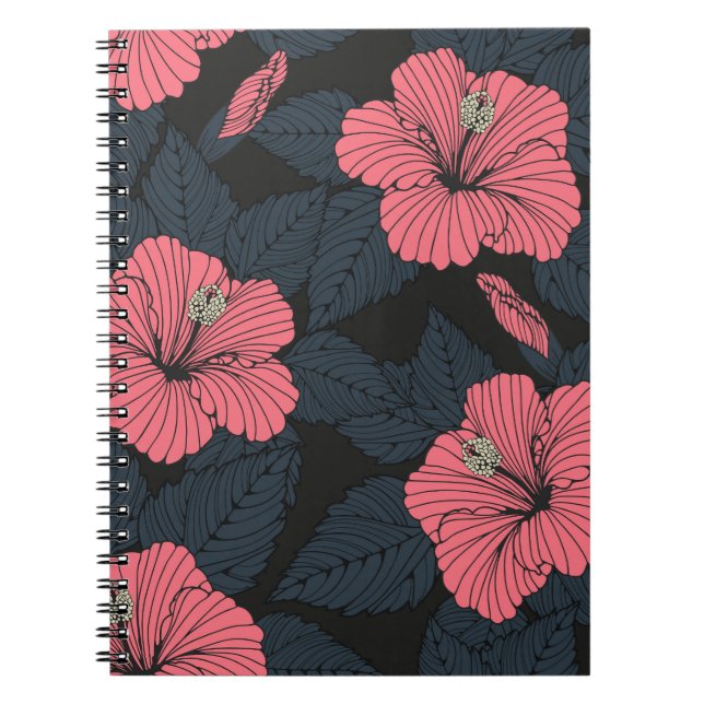 Hibiscus flowers: dark seamless wallpaper. notebook (Front)