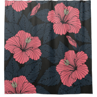 Hibiscus flowers: dark seamless wallpaper. shower curtain
