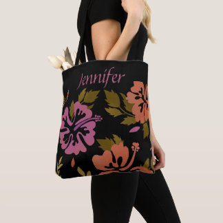Hibiscus Flowers Hawaiian design pink peach name Tote Bag