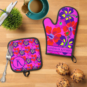 Hibiscus Flowers Hot Pink Personalised Oven Mitt & Pot Holder Set