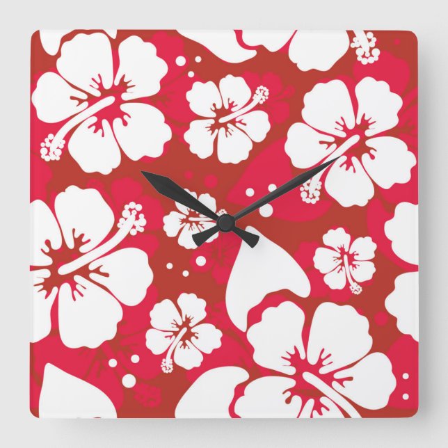 Hibiscus Flowers Pattern Square Wall Clock (Front)