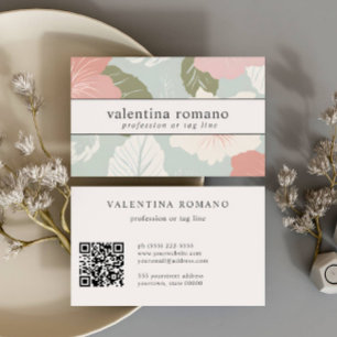 Hibiscus Flowers Pink blue sage white QR code Business Card