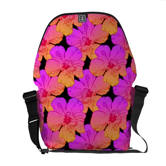 Hibiscus Flowers Pink on Black Messenger Bag (Back Open)