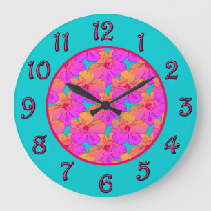 Hibiscus Flowers Pink on Turquoise Large Clock